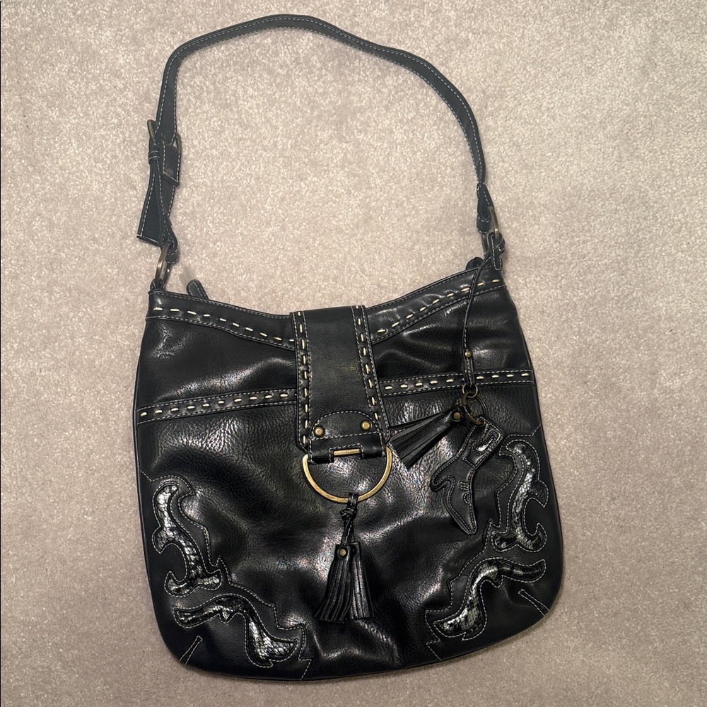 Black Leather Boho Shoulder Bag with Tassel Ring Accent